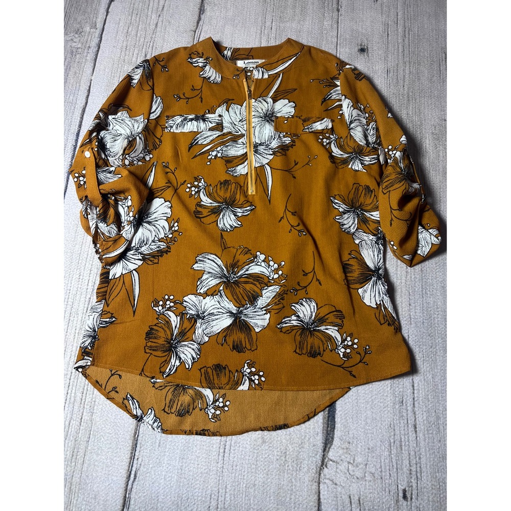 Lomon Mustard Yellow Floral‎ Zip Front Roll Tab Sleeve High Low Blouse Top L